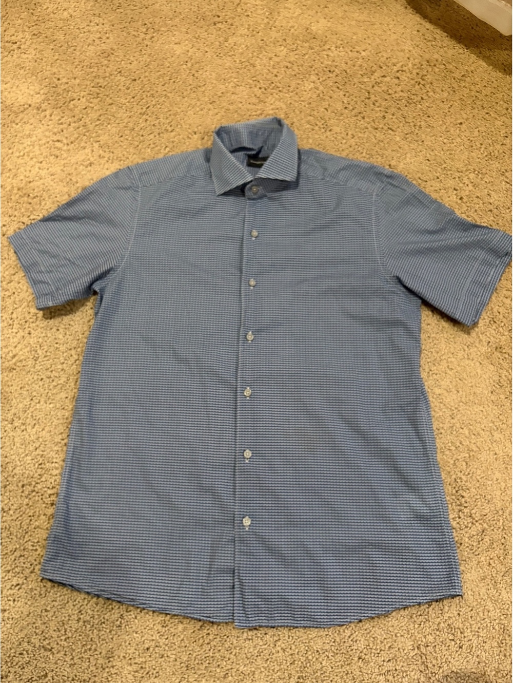 Ermenegildo Zegna short-sleeve button-down dress shirt blue white micro-check L